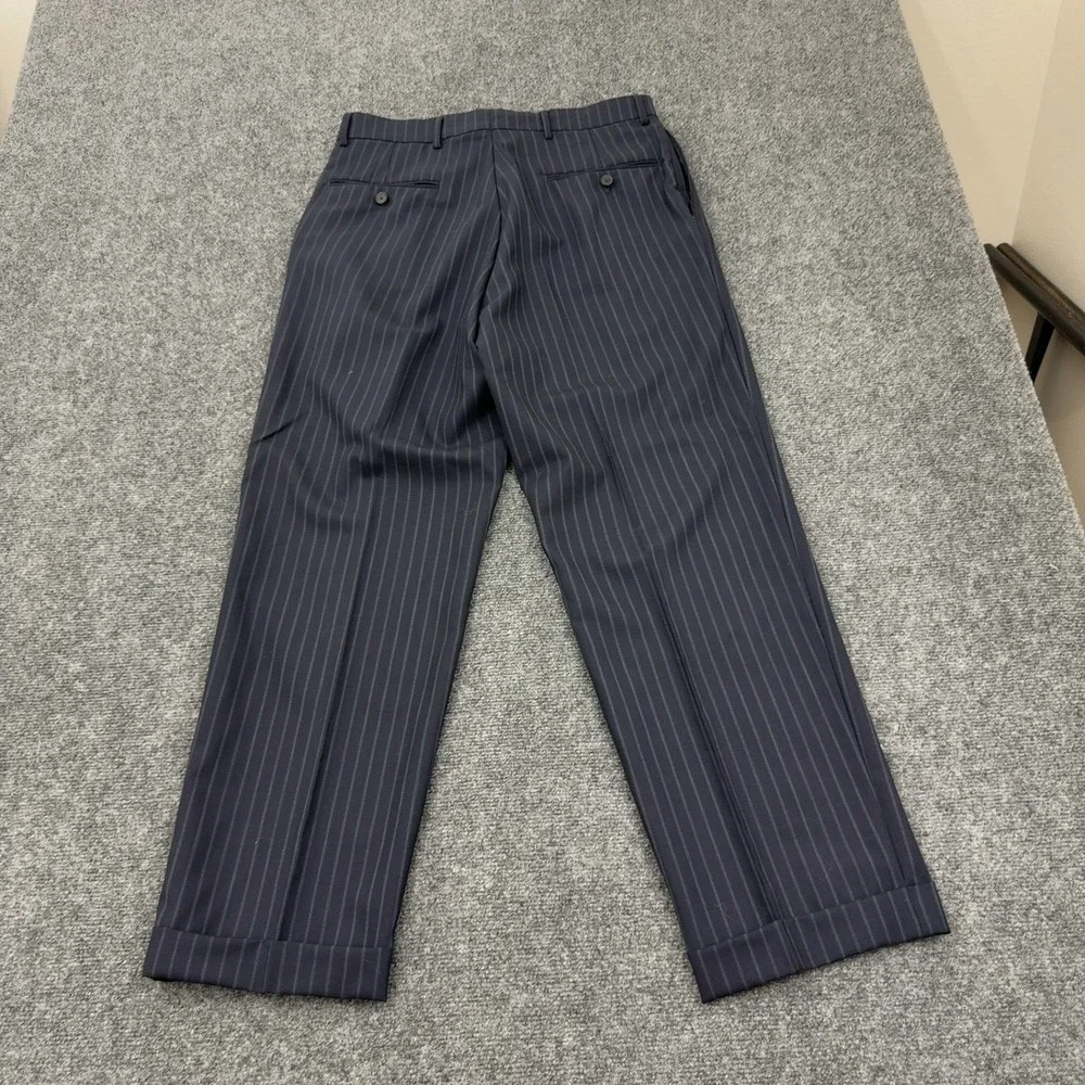Oscar de la Renta Pants Mens 32 Navy Blue Wool Pinstripe Pleated Cuffed Classic